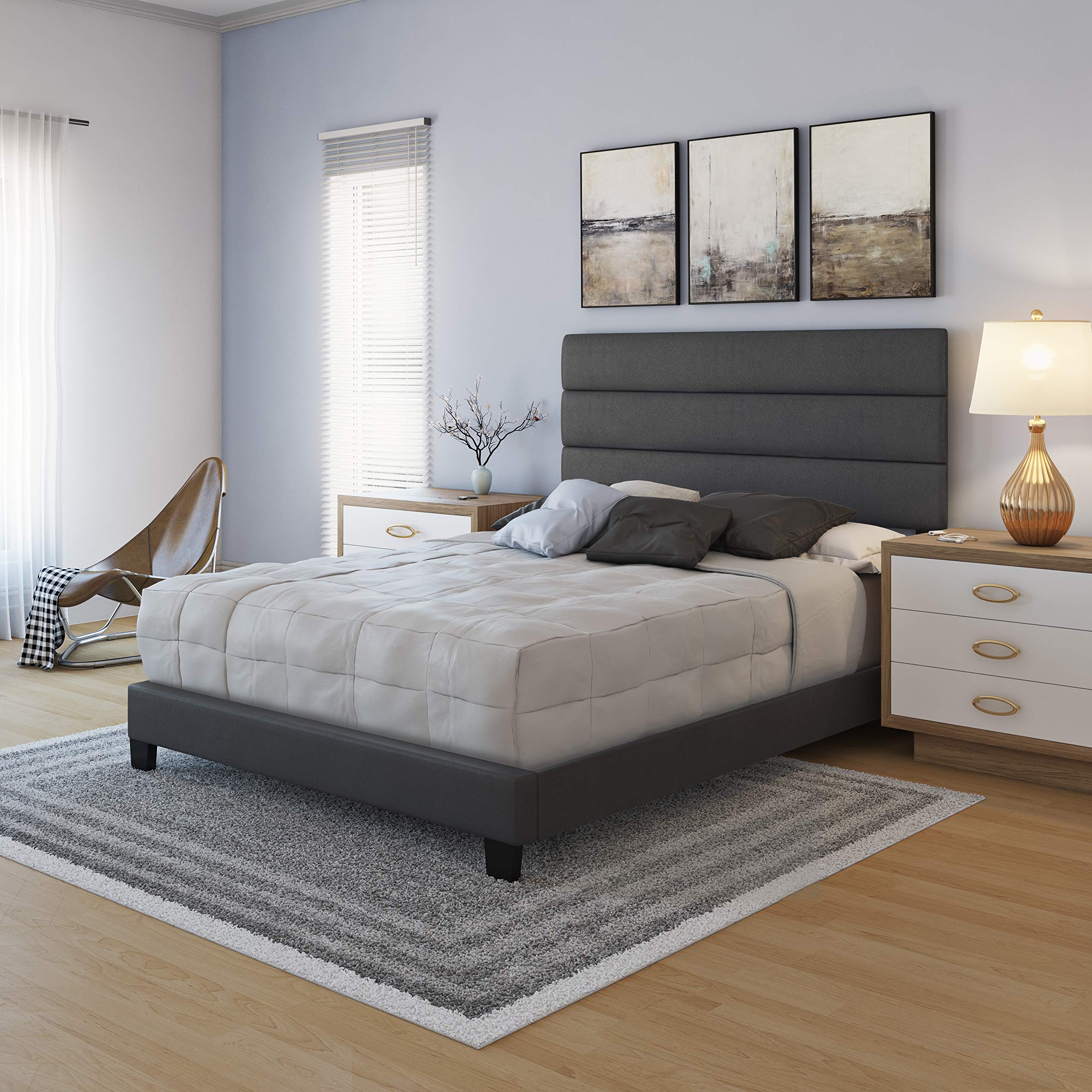 Boyd Sleep Piedmont Upholstered Platform Bed Frame Mattress Foundation With Tri-Panel Headboard And Strong Wood Slat Supports: Faux Leather, Black, King